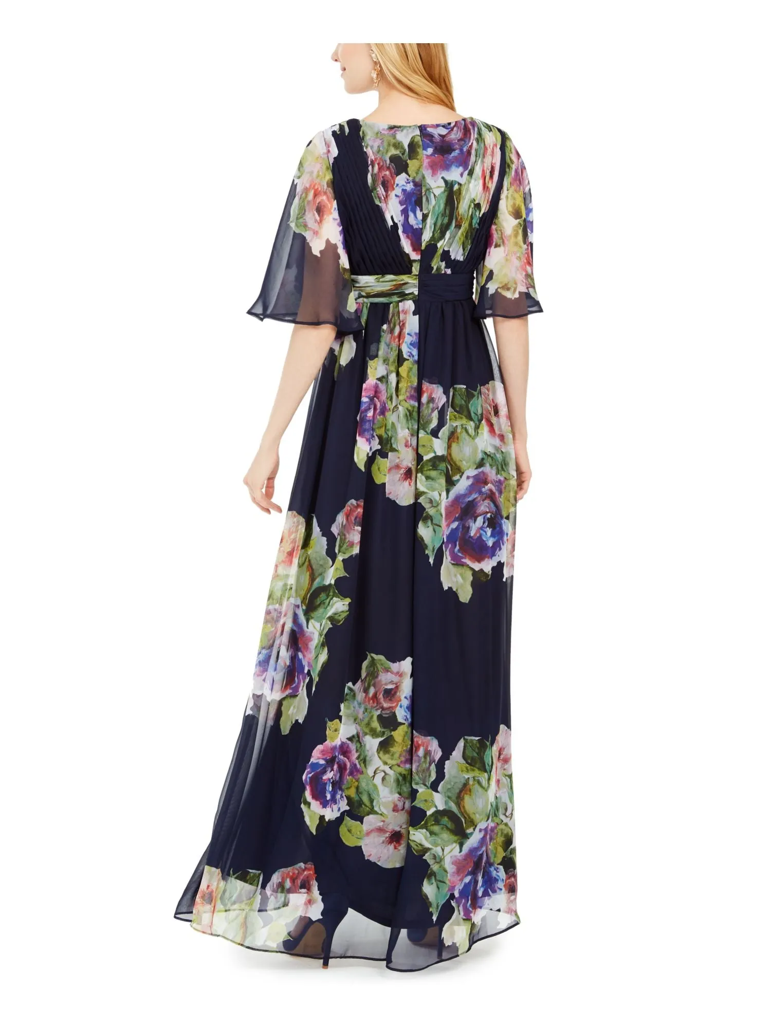 ADRIANNA PAPELL Womens Floral Short Sleeve V Neck Maxi Shift Dress